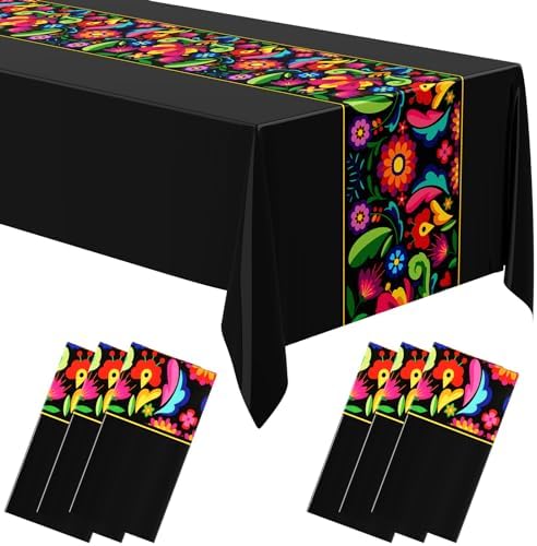 Oudain 6 Pcs Fiesta Tablecloth Black 108x54 Inch Waterproof Plastic Table Cover for Parties