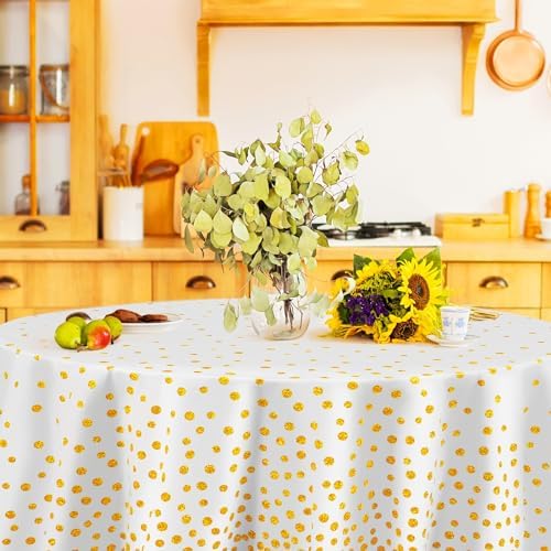 Newwiee 84 Inch Round Dot Tablecloth 3 Pcs White Gold Dots