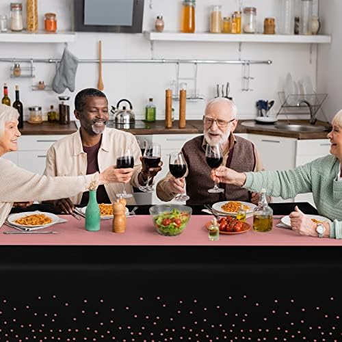 8 Pack Disposable Plastic Tablecloths and Satin Table Runner Set Black Rose Gold Dot Wedding Party Decor