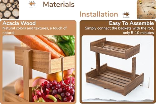 2-Tier Acacia Wood Fruit Basket Large Capacity Bowl Organizer