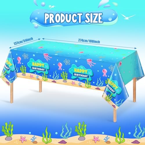 3 Pcs Blue Ocean Birthday Tablecloth Decorations for Rectangle Tables