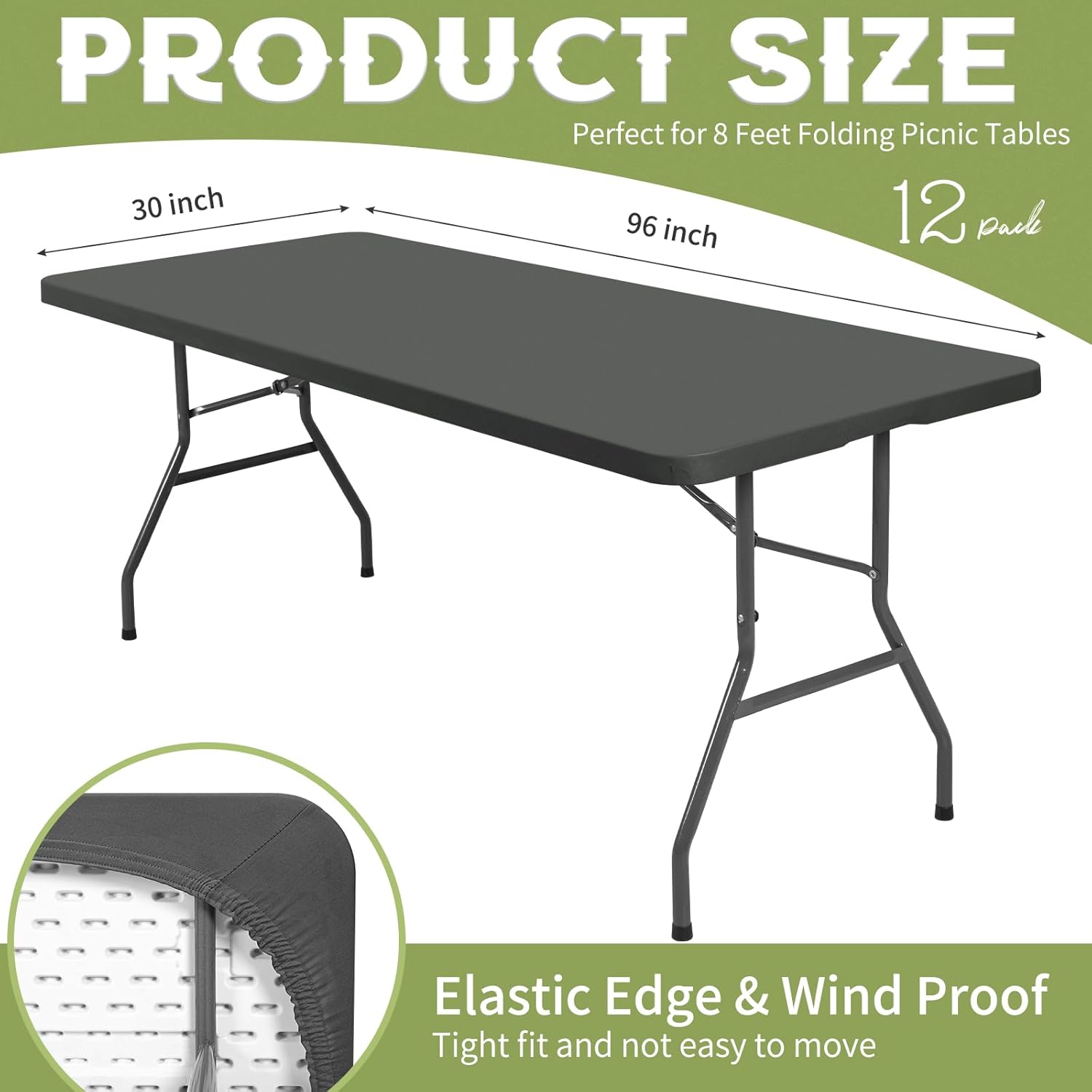 12 Pcs Spandex Table Cloth for 8 Foot Tables Grey 30x96