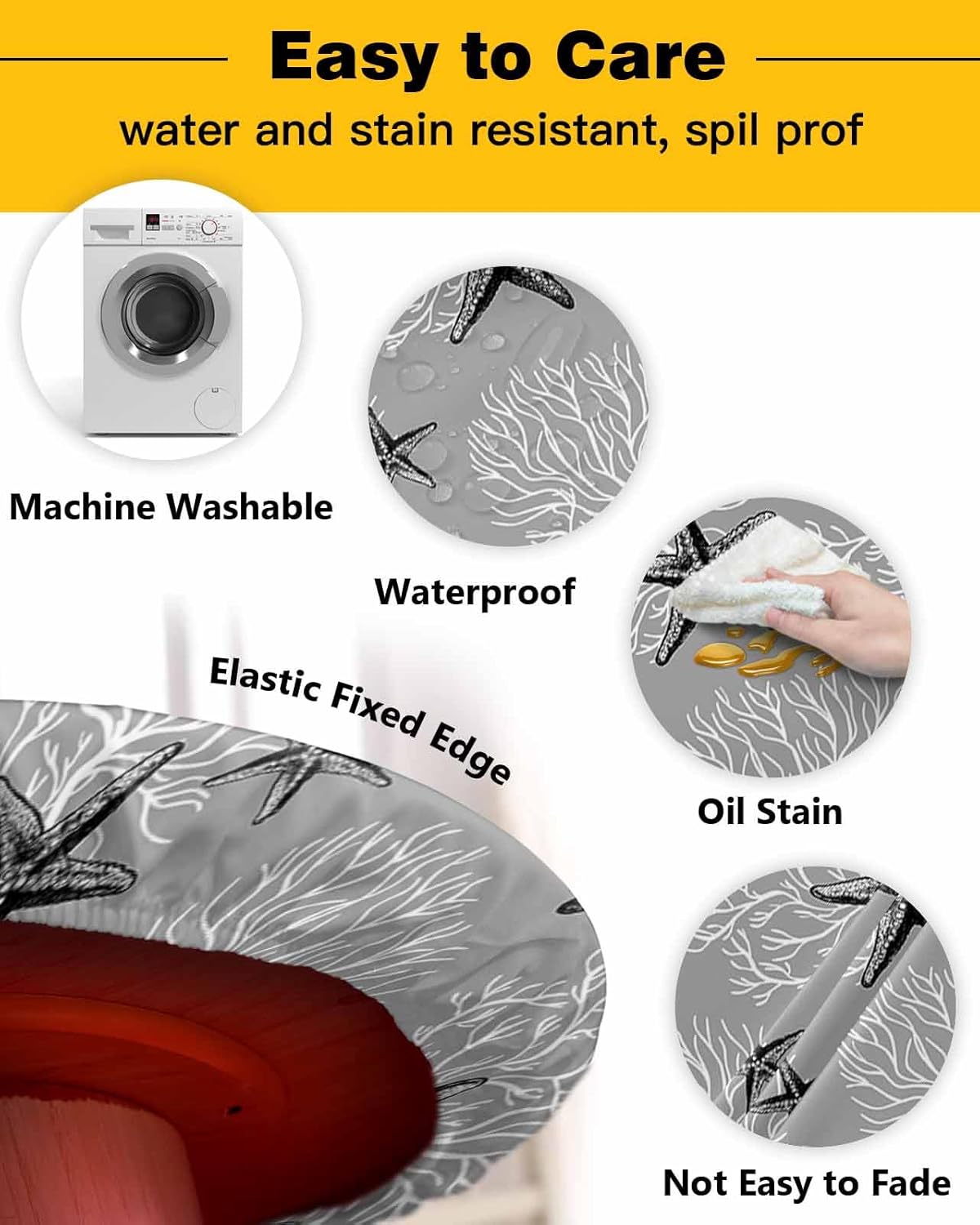 Gray Starfish Round Waterproof Table Cover Fitted Tablecloth