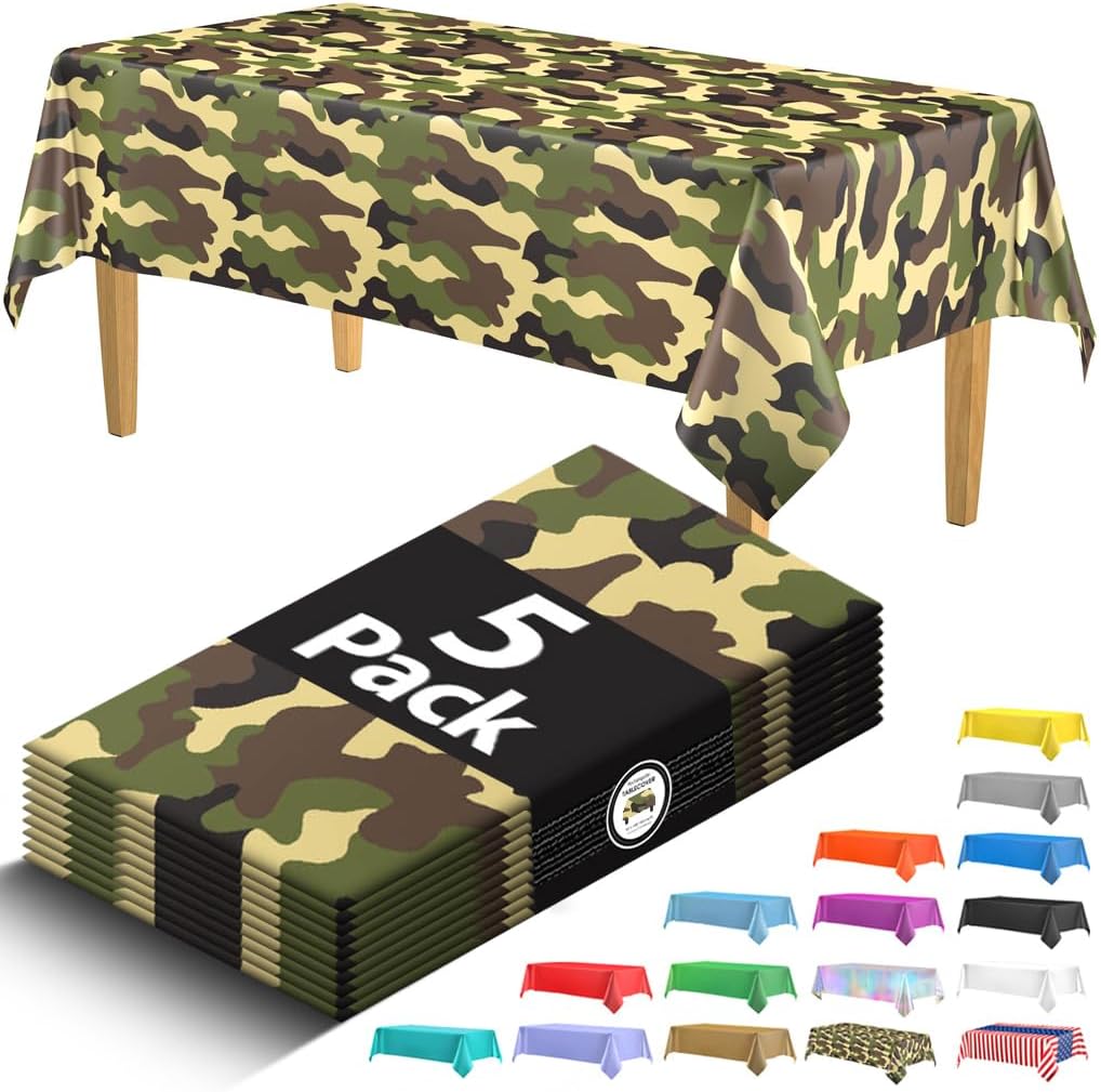 5 Pack Premium Camo Plastic Tablecloth - 108 x 54 in