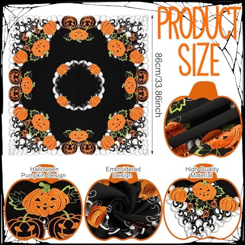 Halloween Square Tablecloth 34 Inch Black Orange Pumpkin Design