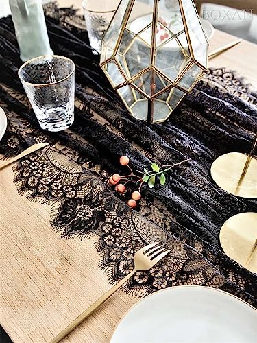 BOXAN Vintage Rose Embroidered Black Lace Tablecloth Overlay - 120 x 60 Rectangular