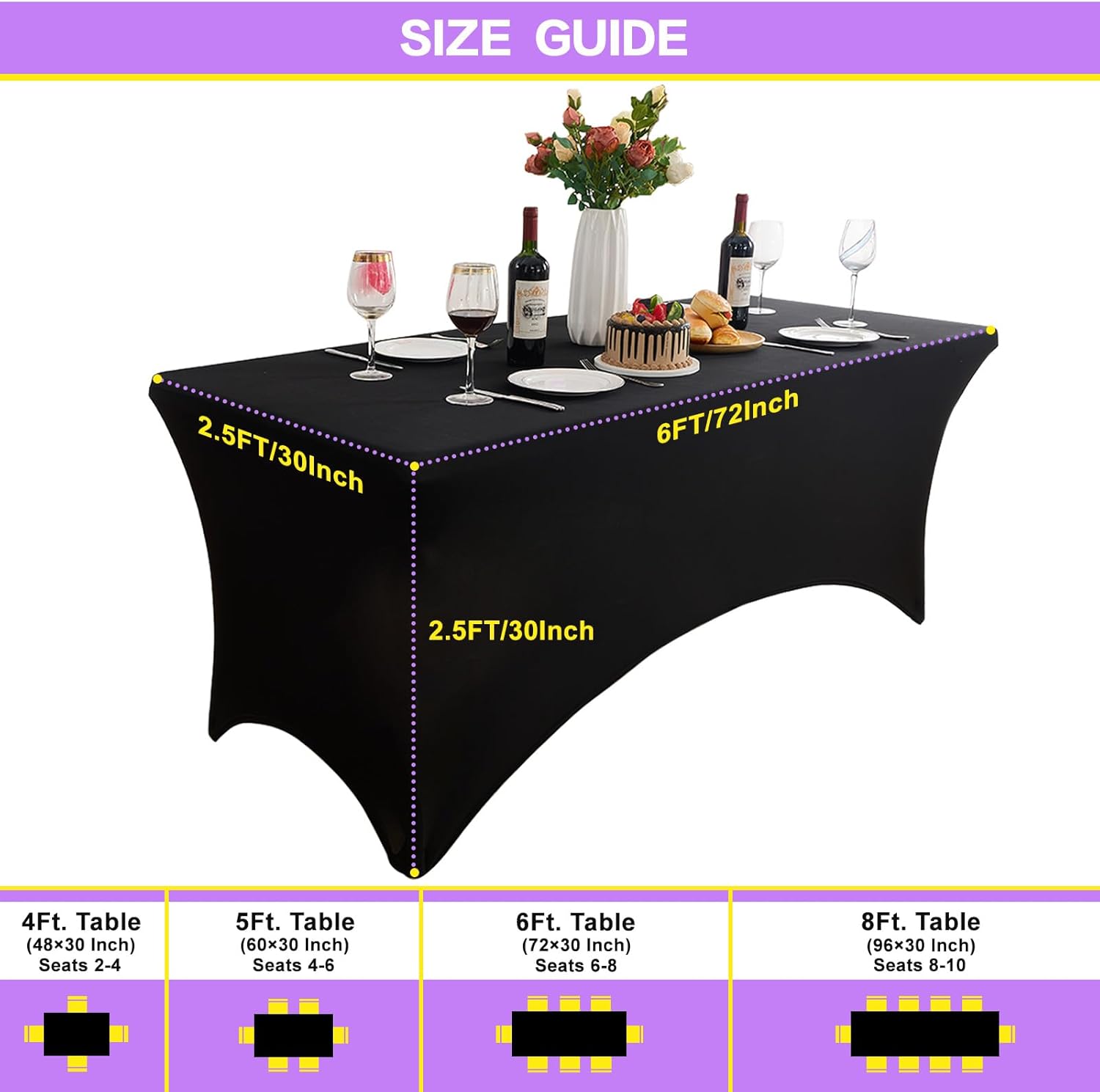 2 Pack 6FT Black Stretch Spandex Tablecloths