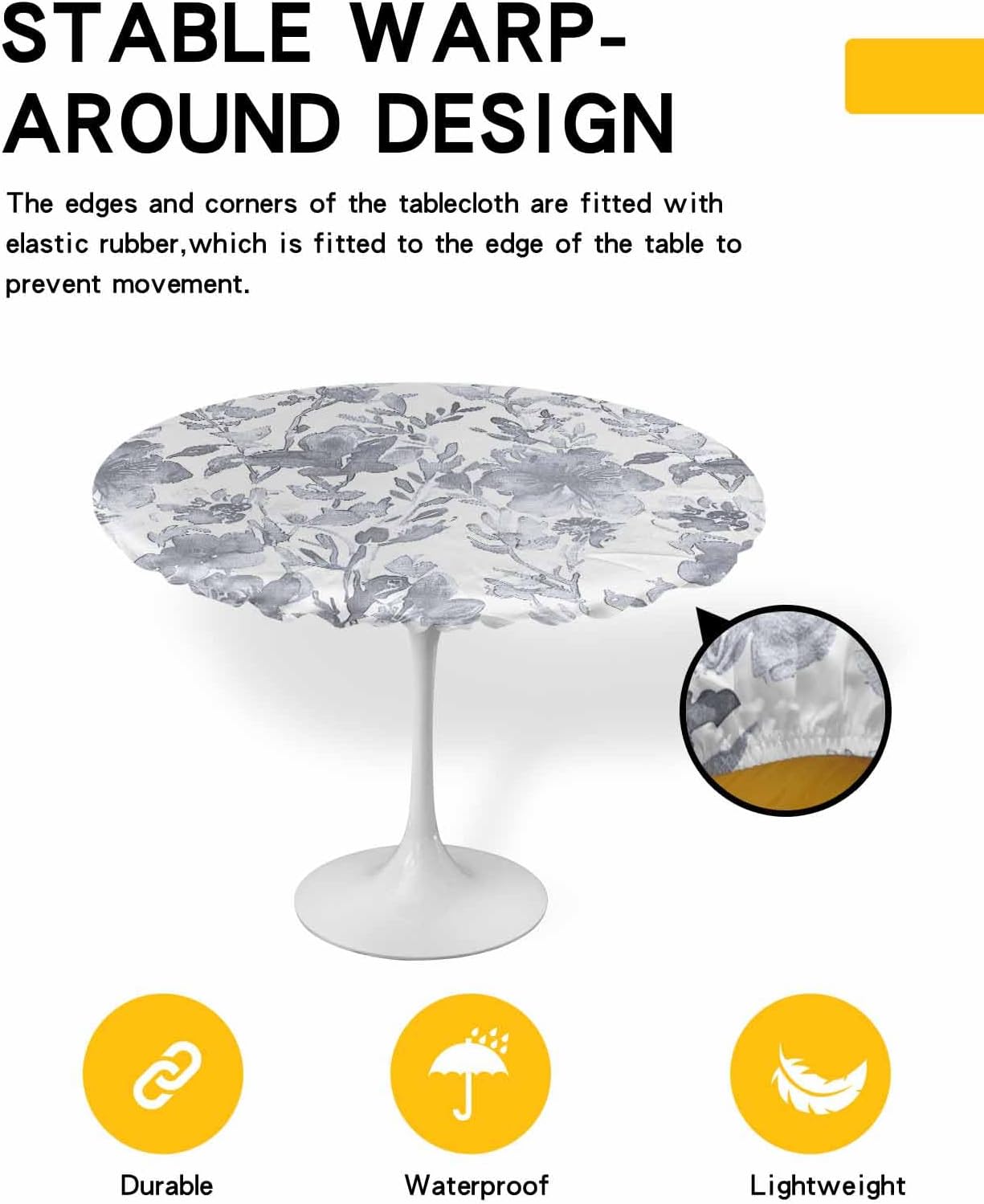 Gray Botanical Round Waterproof Table Cover Fitted Tablecloth