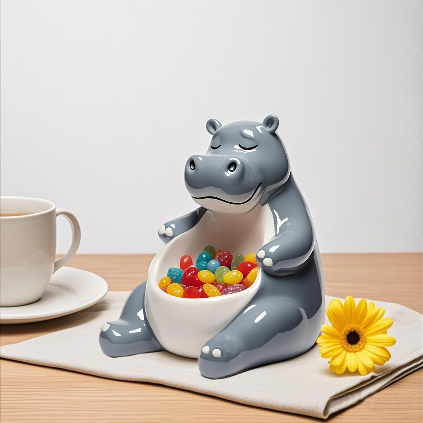 WAIT FLY Ceramic Hippo Candy Dish Snack Bowl Cookie Dish Jewelry Tray Candle Holder Grey