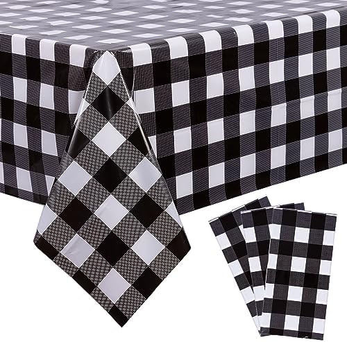 Kesfey 3 Pack Black Gingham Tablecloths 54 x 108 Inch Checkered Waterproof Disposable