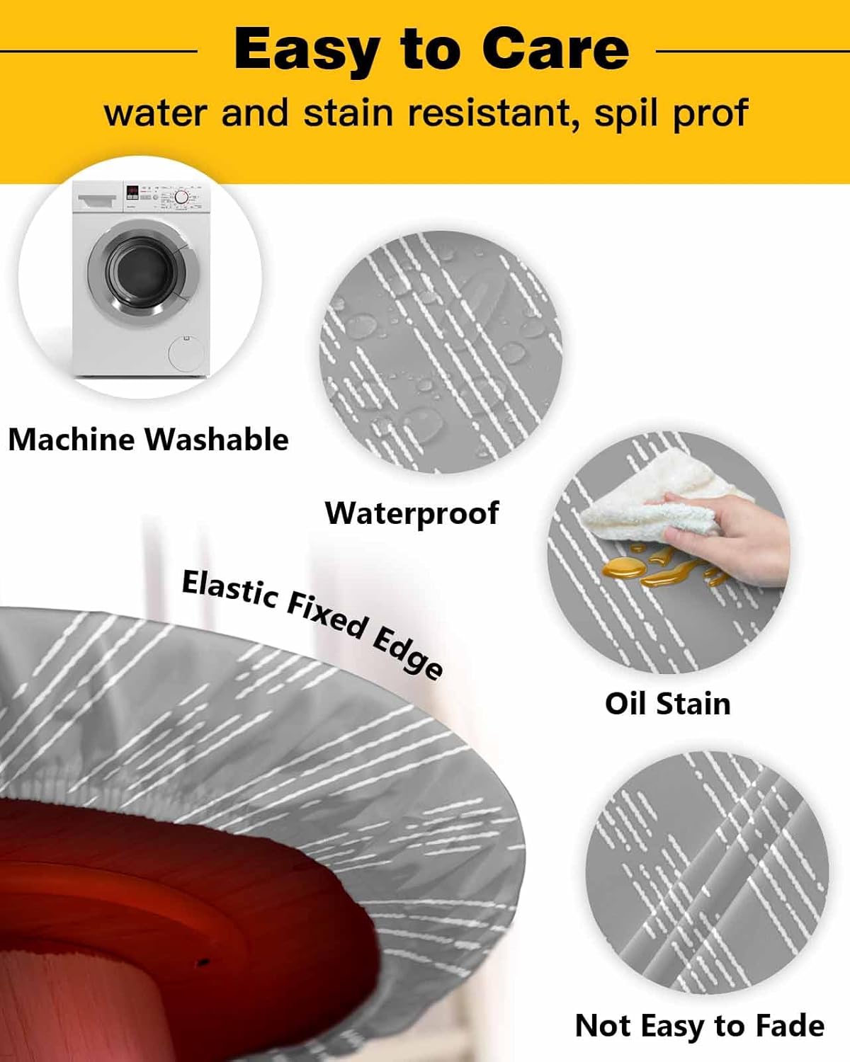 Grey Geometric Round Waterproof Table Cover 55-60 Inch Elastic Tablecloth for Indoor Outdoor Use