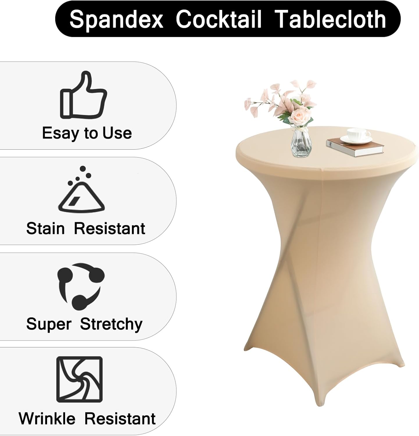 2Pack Black Spandex Cocktail Table Cover for Weddings Parties Events 24x43 Inch Elastic Round Tablecloth