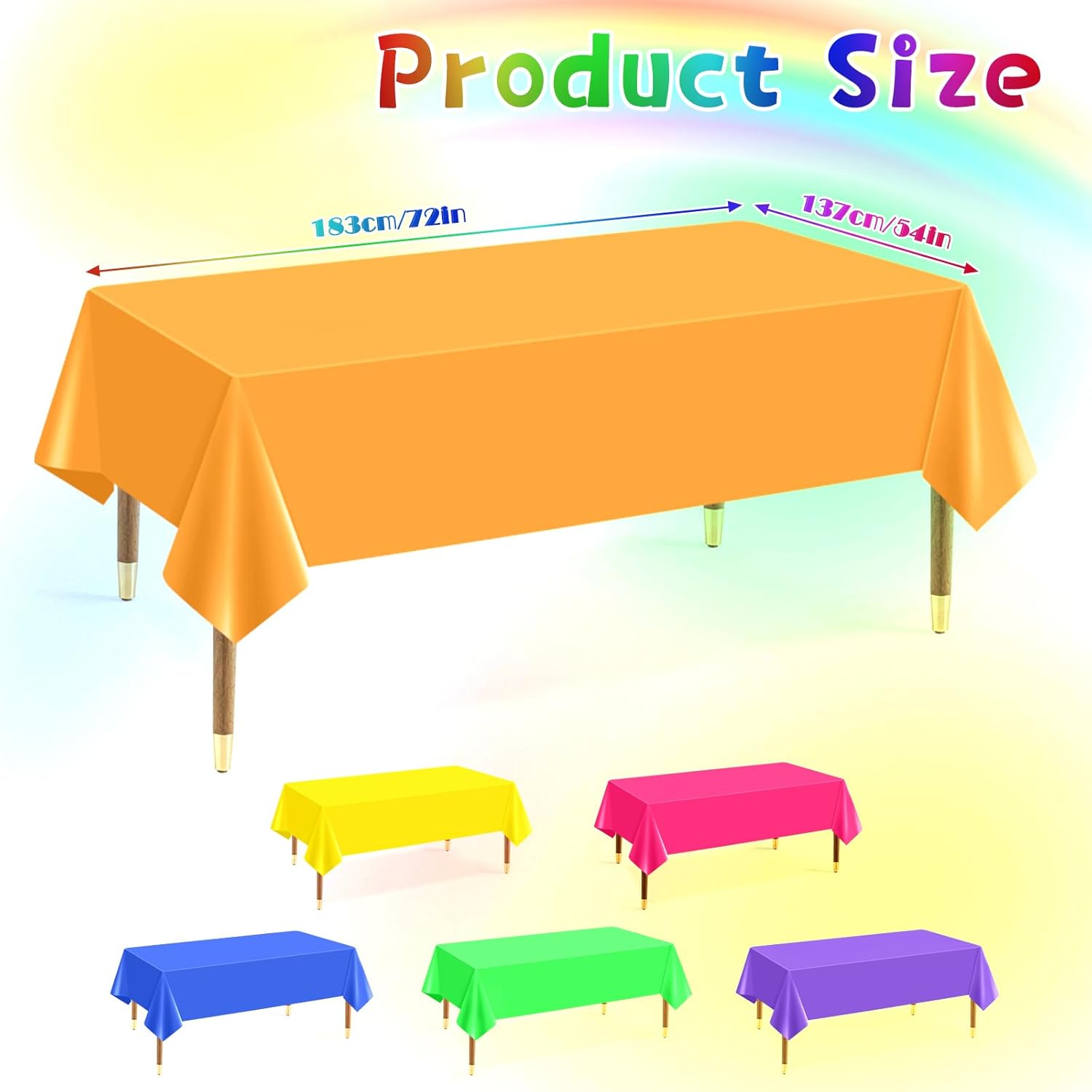 6Pcs Neon Plastic Table Cloths Set Rainbow 54x72 Inch Disposable Table Covers