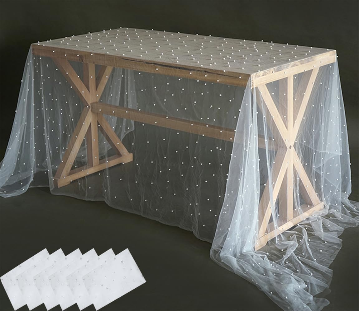 TIMECOSY White Pearl Tulle Tablecloths 6 Pieces 10ft Veil for Wedding