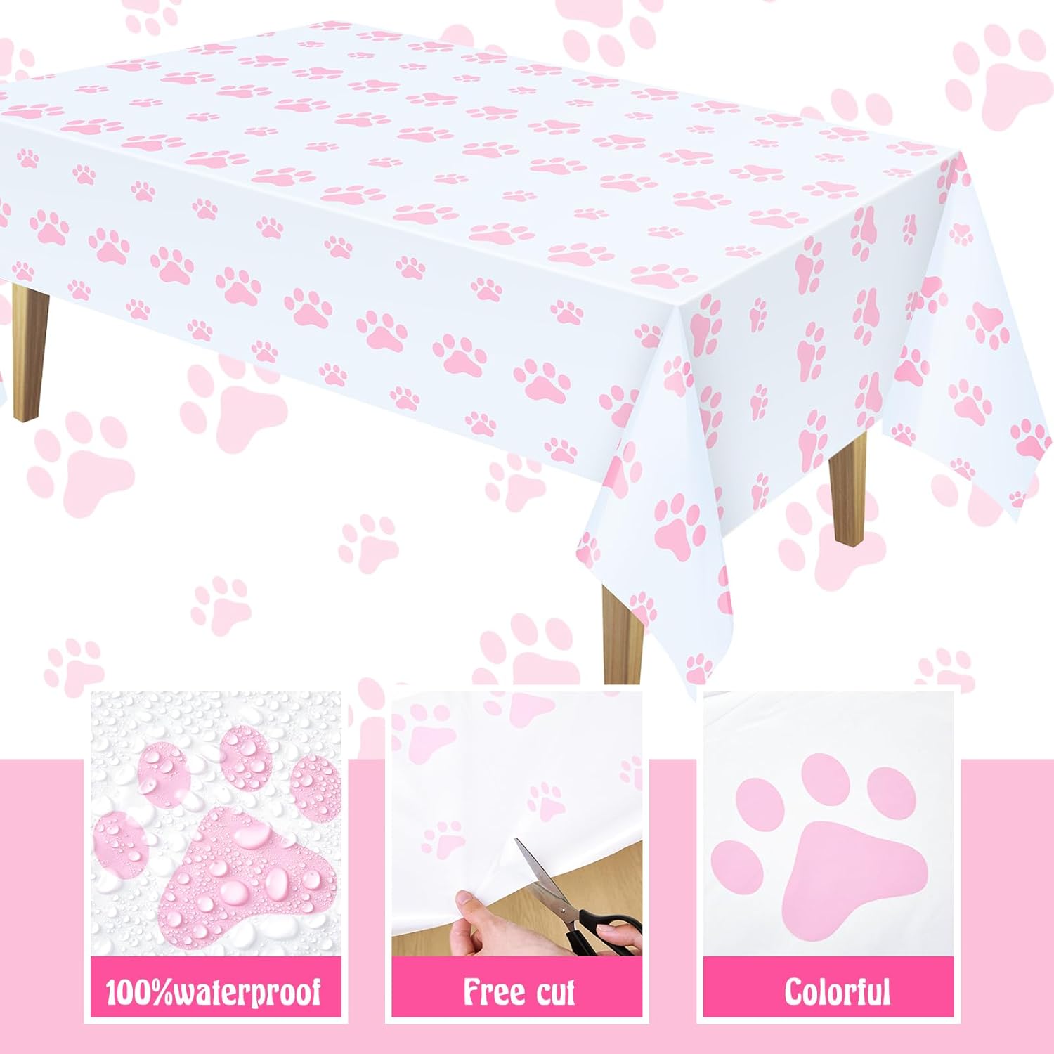 Tatuo 2 Piece Puppy Paw Print Tablecloth Set for Dog Birthday Party Decorations Pink 71 x 54 Inch
