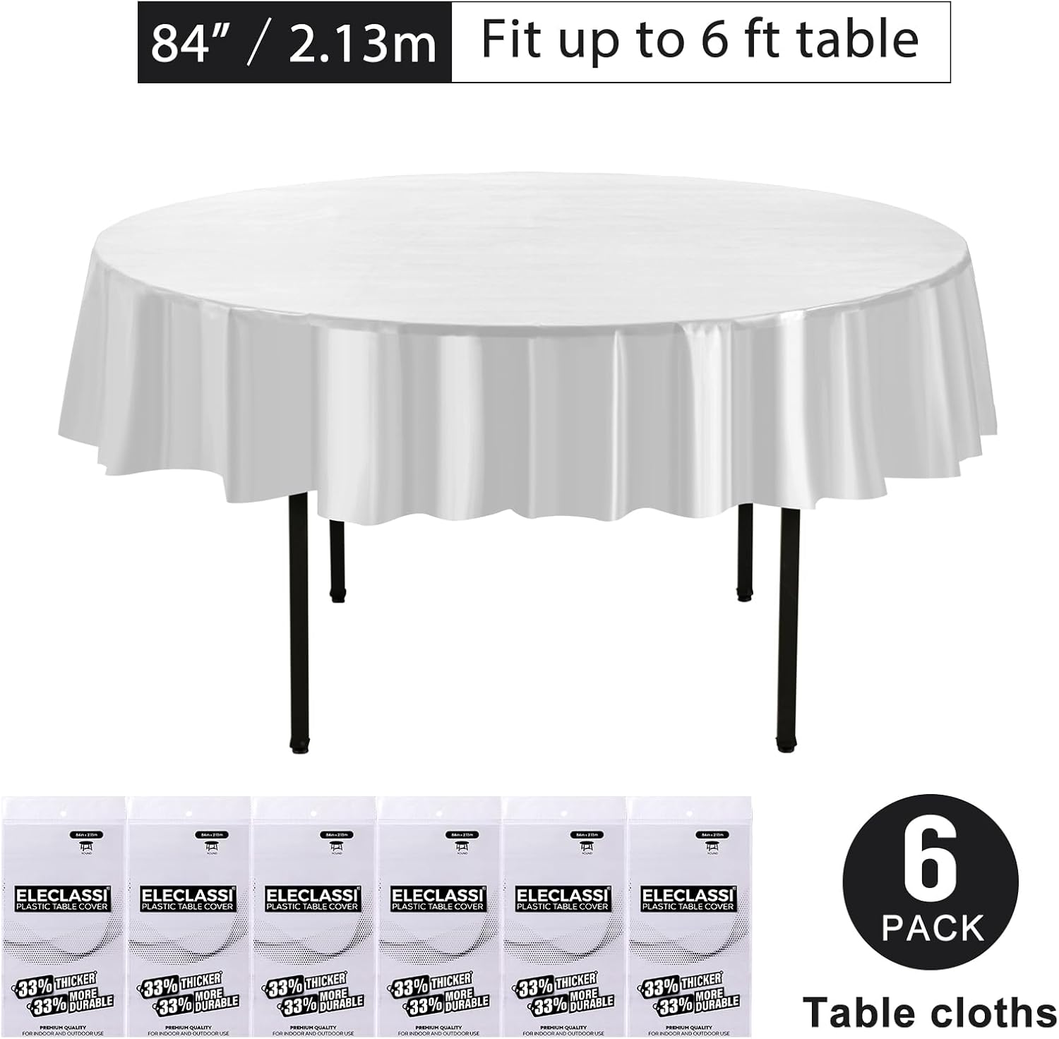Eleclassi White 6 Pack Round Disposable Tablecloths - 84 Inch