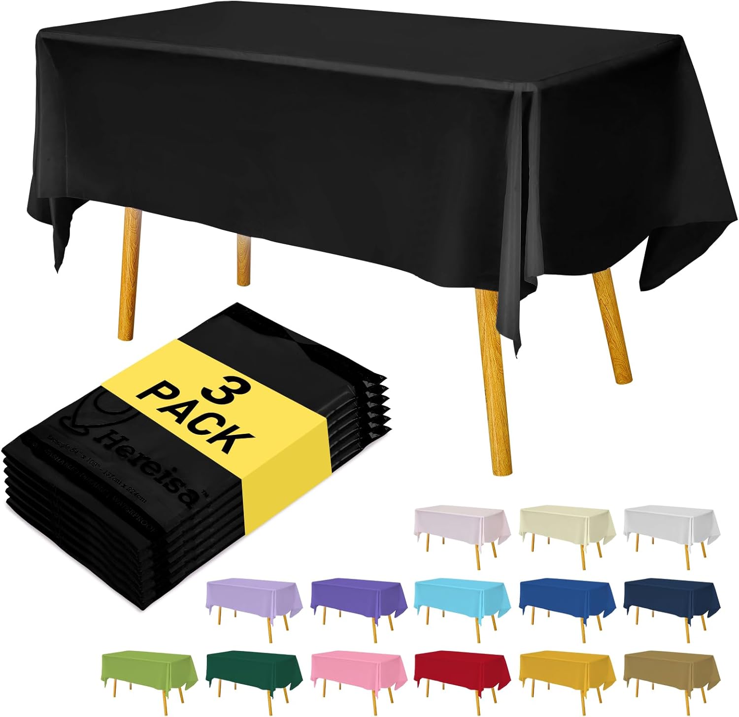 Hereisa 3 Pack Black Plastic Tablecloths 54x108 Inches