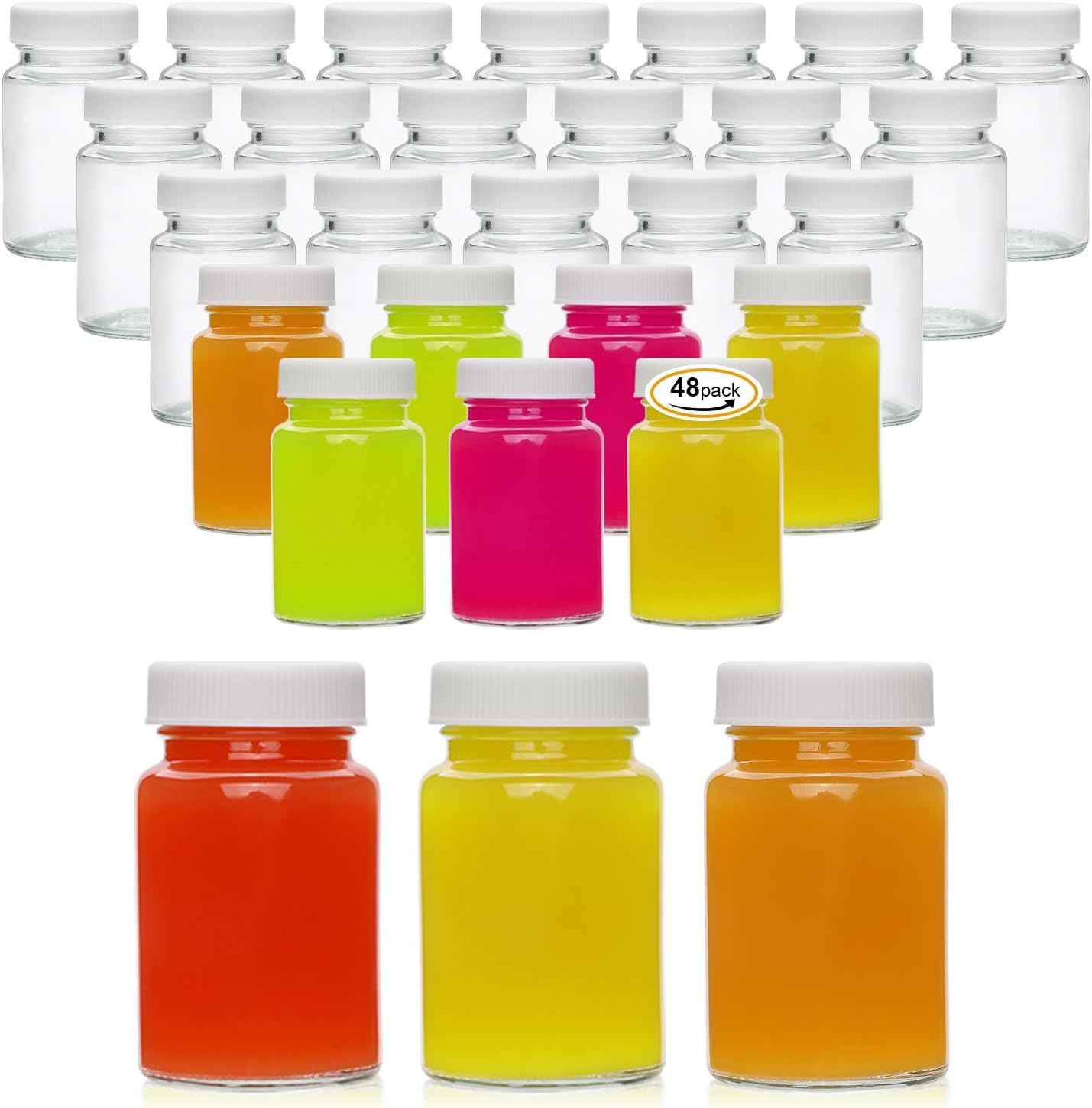 48 Pack 2 Oz Juice Shot Bottles with Caps Glass Mini Jars