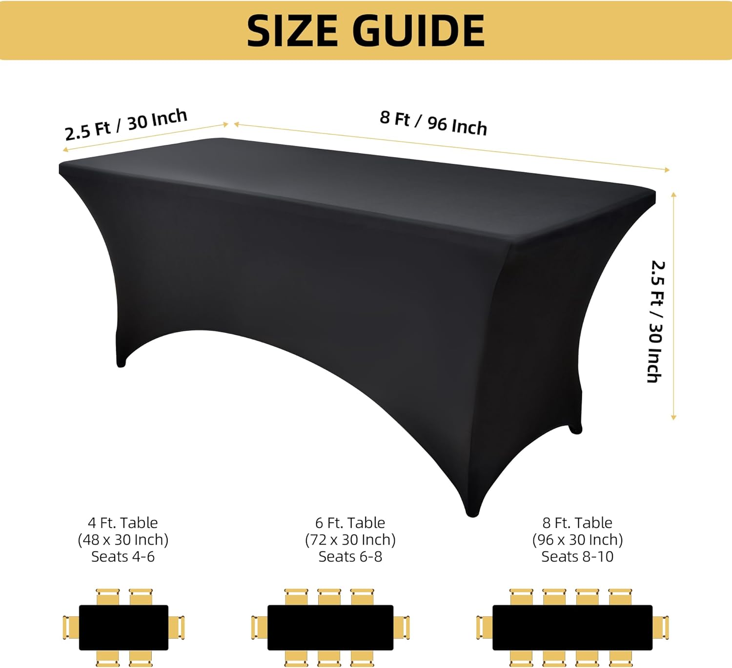 2-Pack 8ft Black Spandex Table Covers for Rectangle Folding Tables