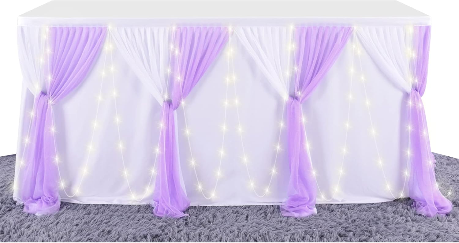 9ft Purple Table Skirt with LED Lights for Parties