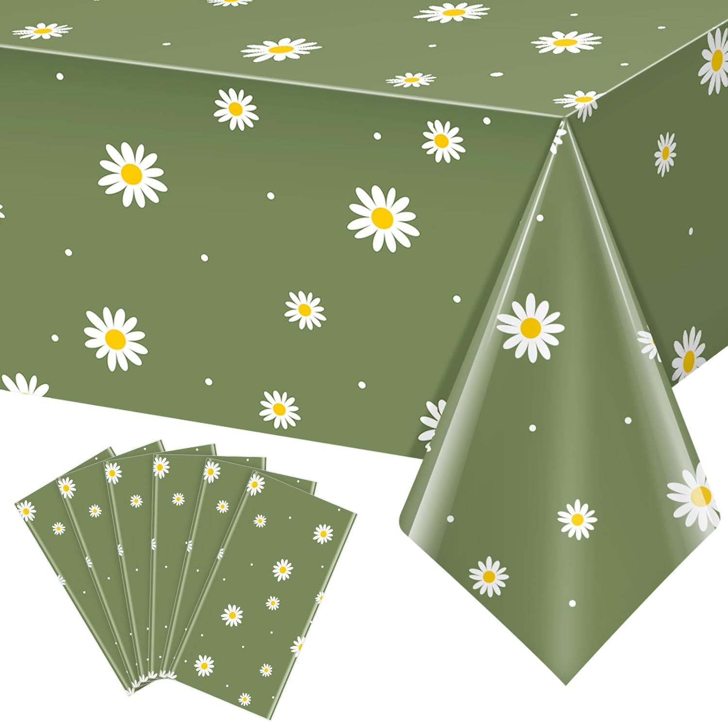 6 Pack Sage Green Daisy Tablecloths for Spring Party Decor