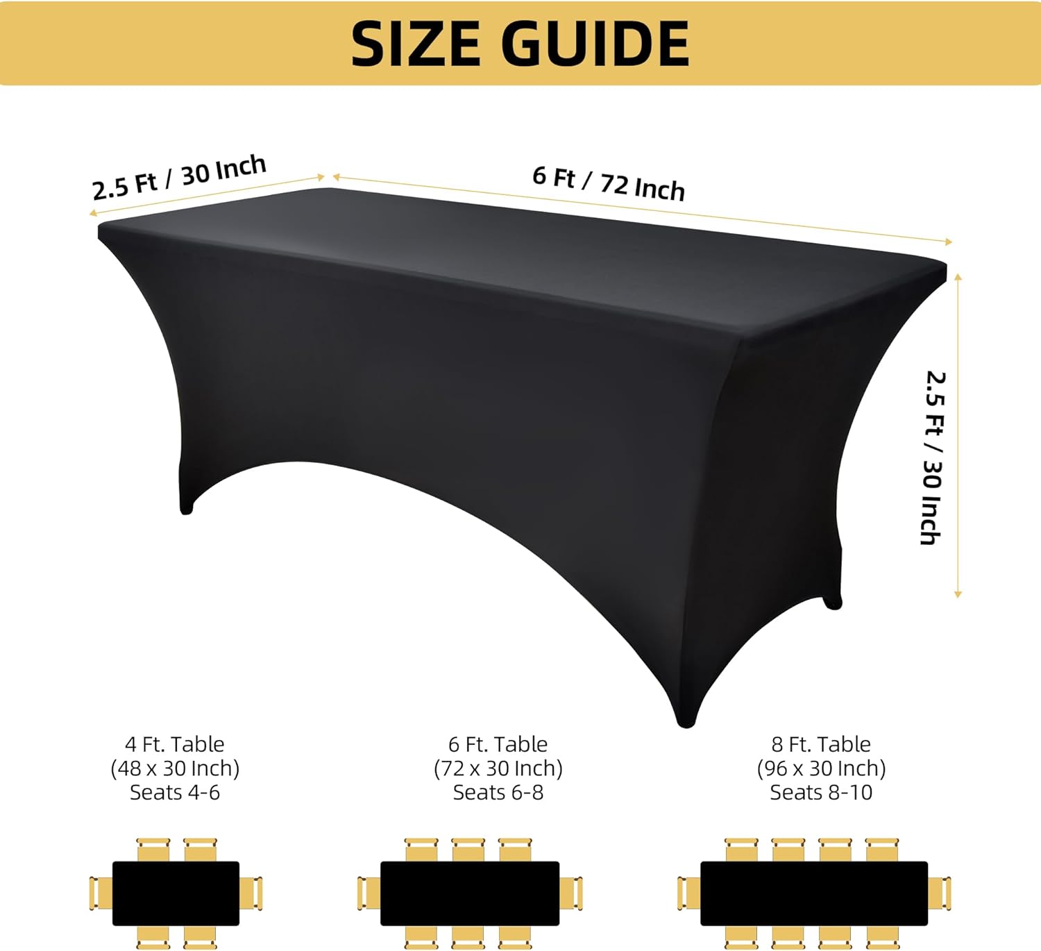 6-Pack 6ft Black Spandex Table Covers for Rectangle Tables