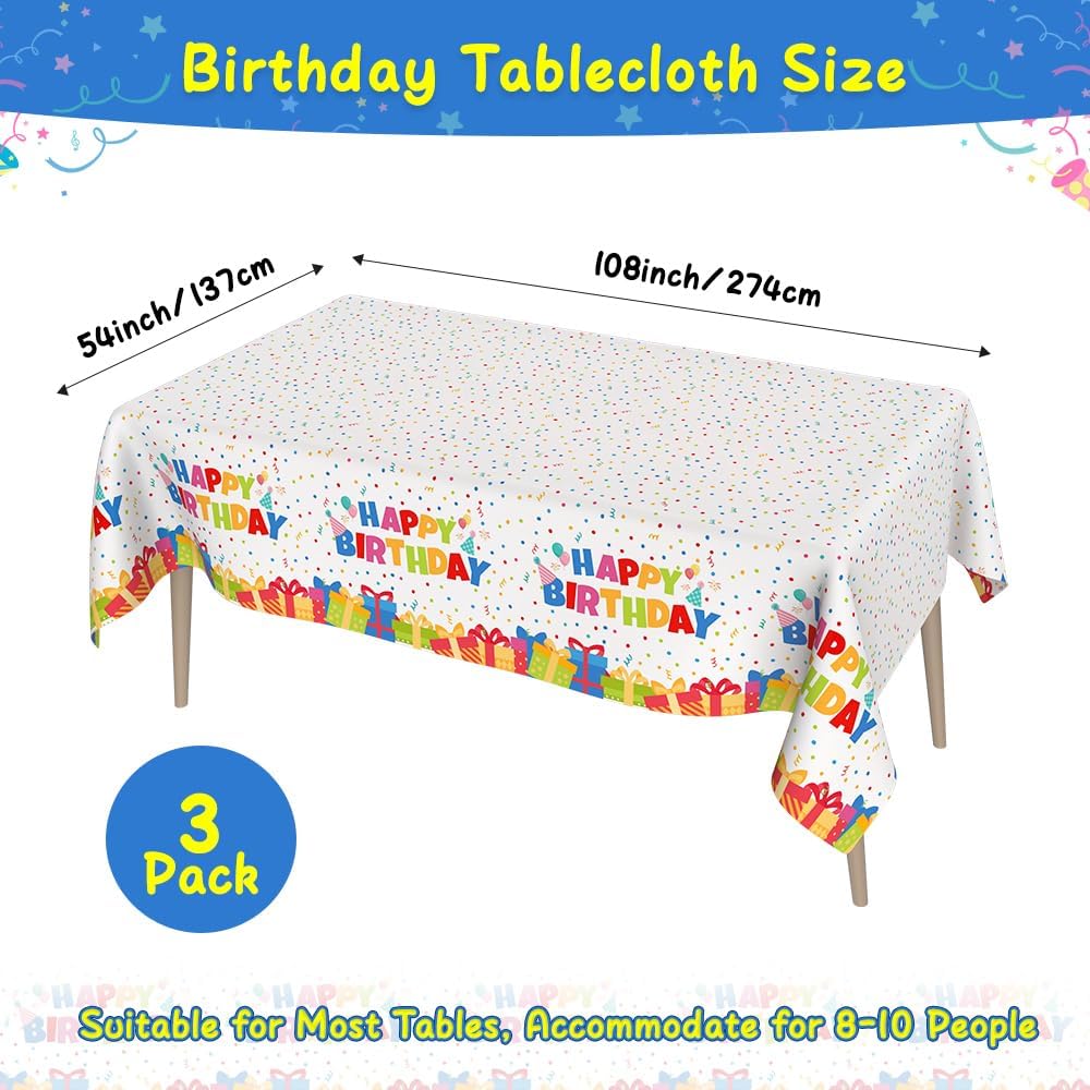 3 Pack Birthday Tablecloths for Kids 54x108 Inch Waterproof Rectangle Party Covers
