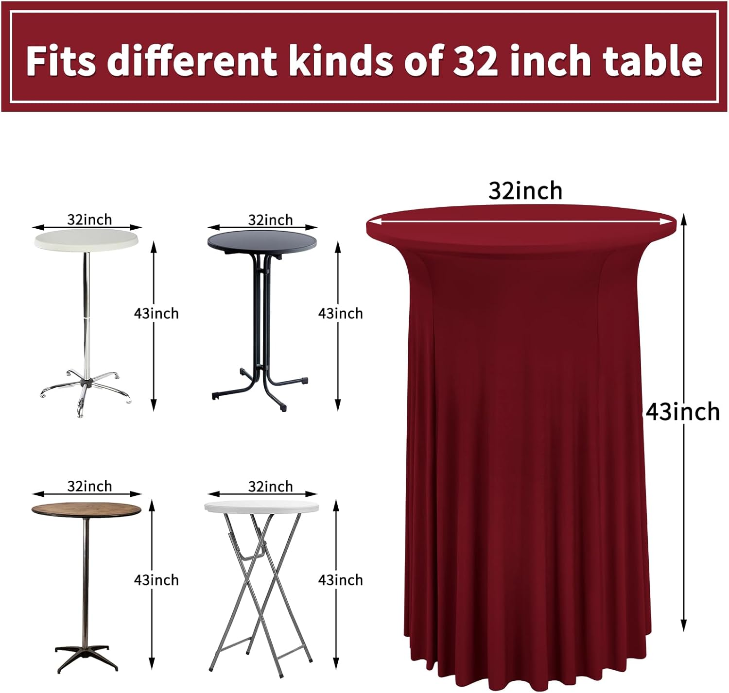 6 Pack Round Cocktail Table Skirt Spandex Tablecloth Wine Red Wavy Drapes High Top Cover