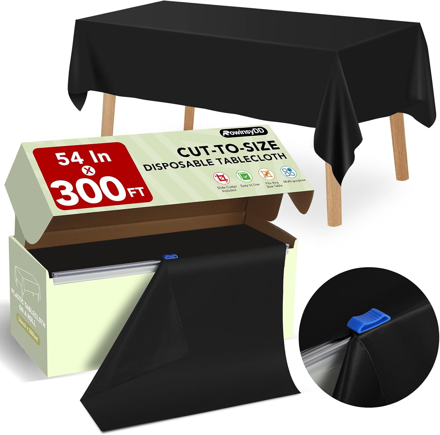 54 In X 300 Ft Black Plastic Table Cover Roll with Slide Cutter