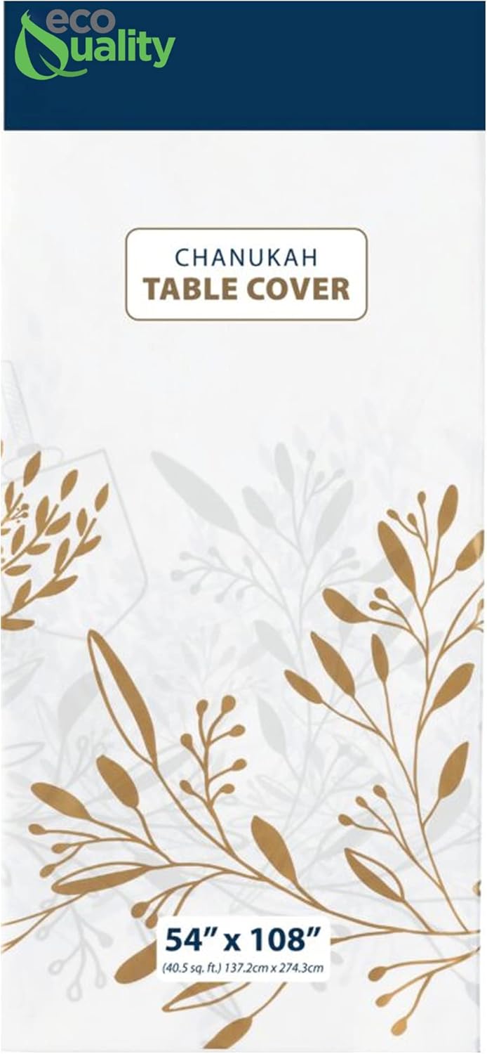 EcoQuality Hanukkah Tablecloth - White and Gold Rectangle Plastic 54 x 108 inch for Holiday Party Decorations