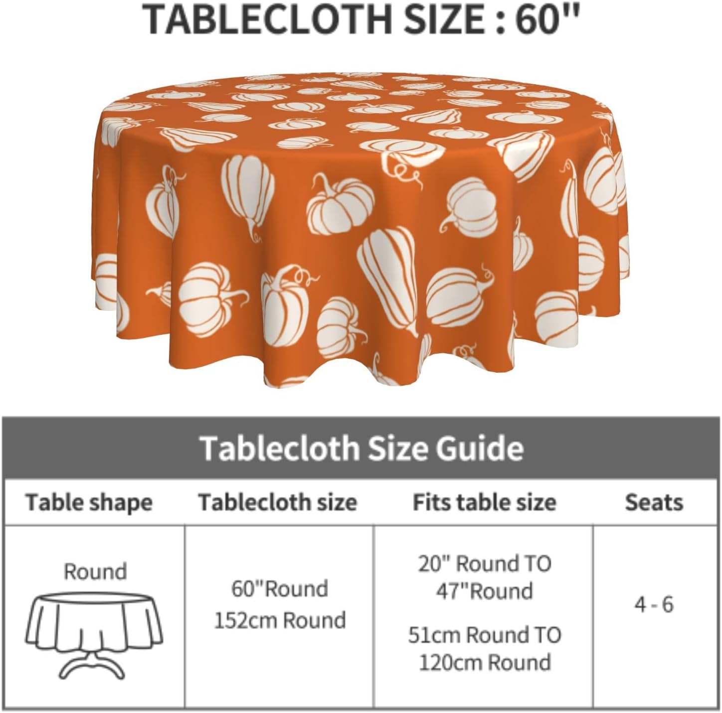 Fall Tablecloth 60 Inch Round White Halloween Decor