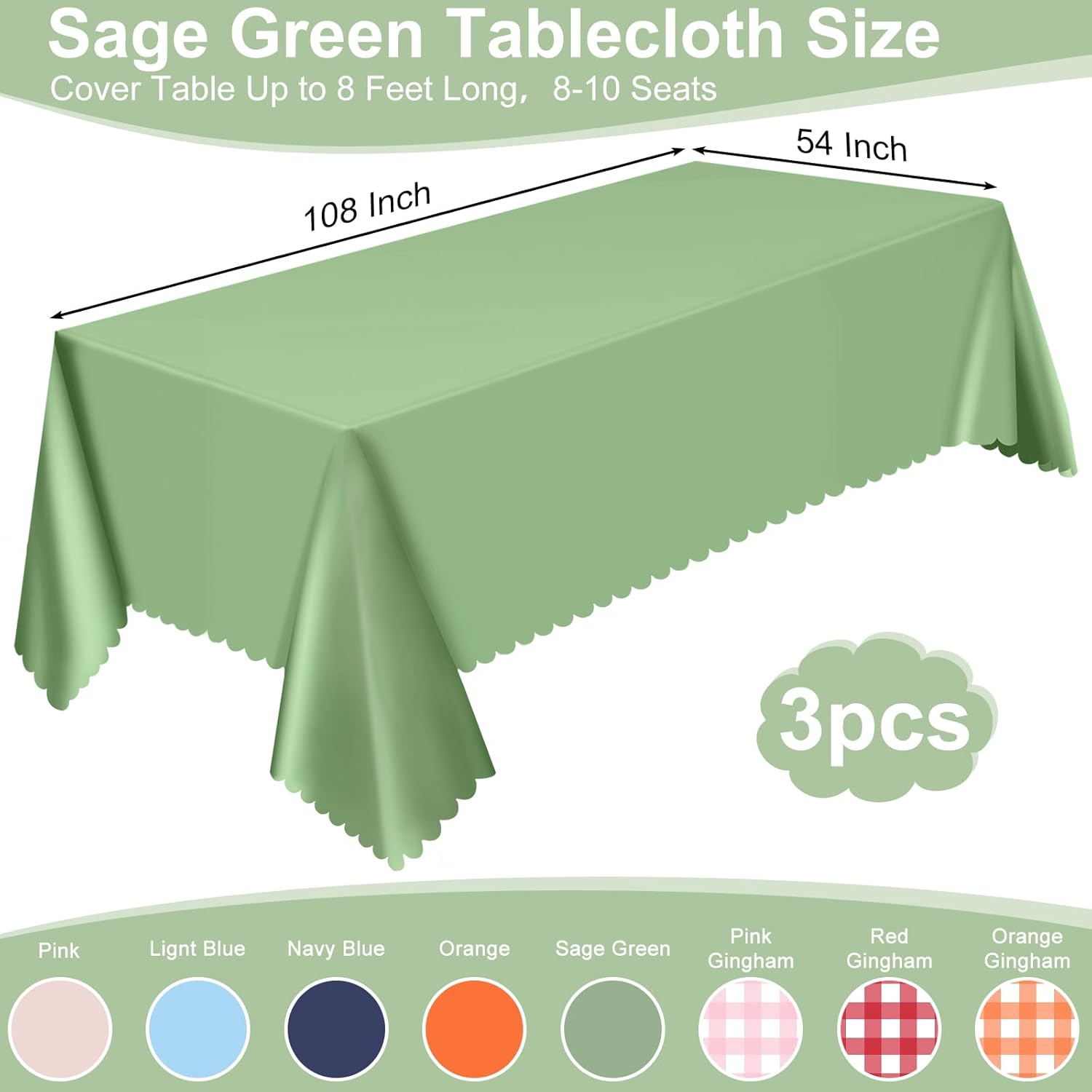 3 Pack Sage Green Plastic Tablecloth for Rectangular Tables