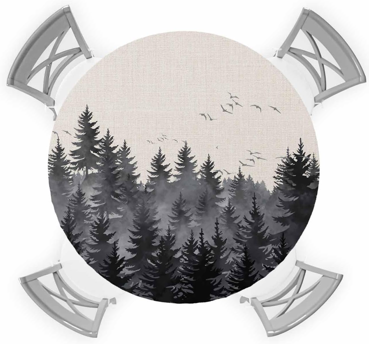 Forest Birds Round Waterproof Table Cover Fitted Elastic Tablecloth for Indoor Outdoor Use