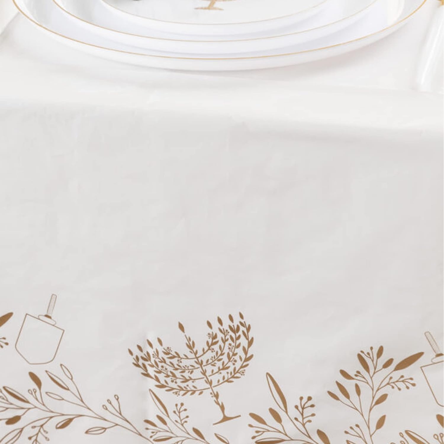 EcoQuality Hanukkah Tablecloth - White and Gold Rectangle Plastic 54 x 108 inch for Holiday Party Decorations