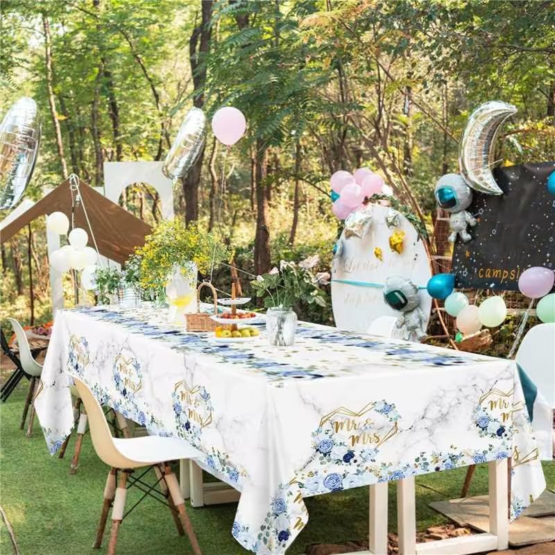MEHOFOND 3pcs Blue Mr Mrs Tablecloths Floral Wedding Party Decor 108 x 54 Inch
