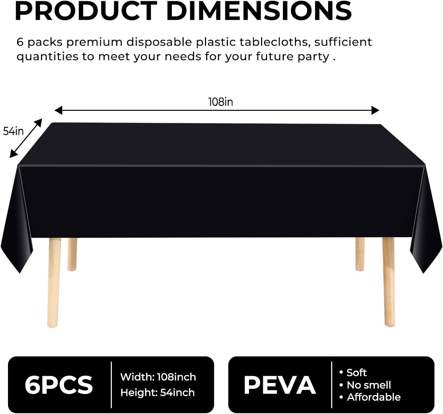 6 Pack Premium Disposable Plastic Tablecloths 54x108 Black