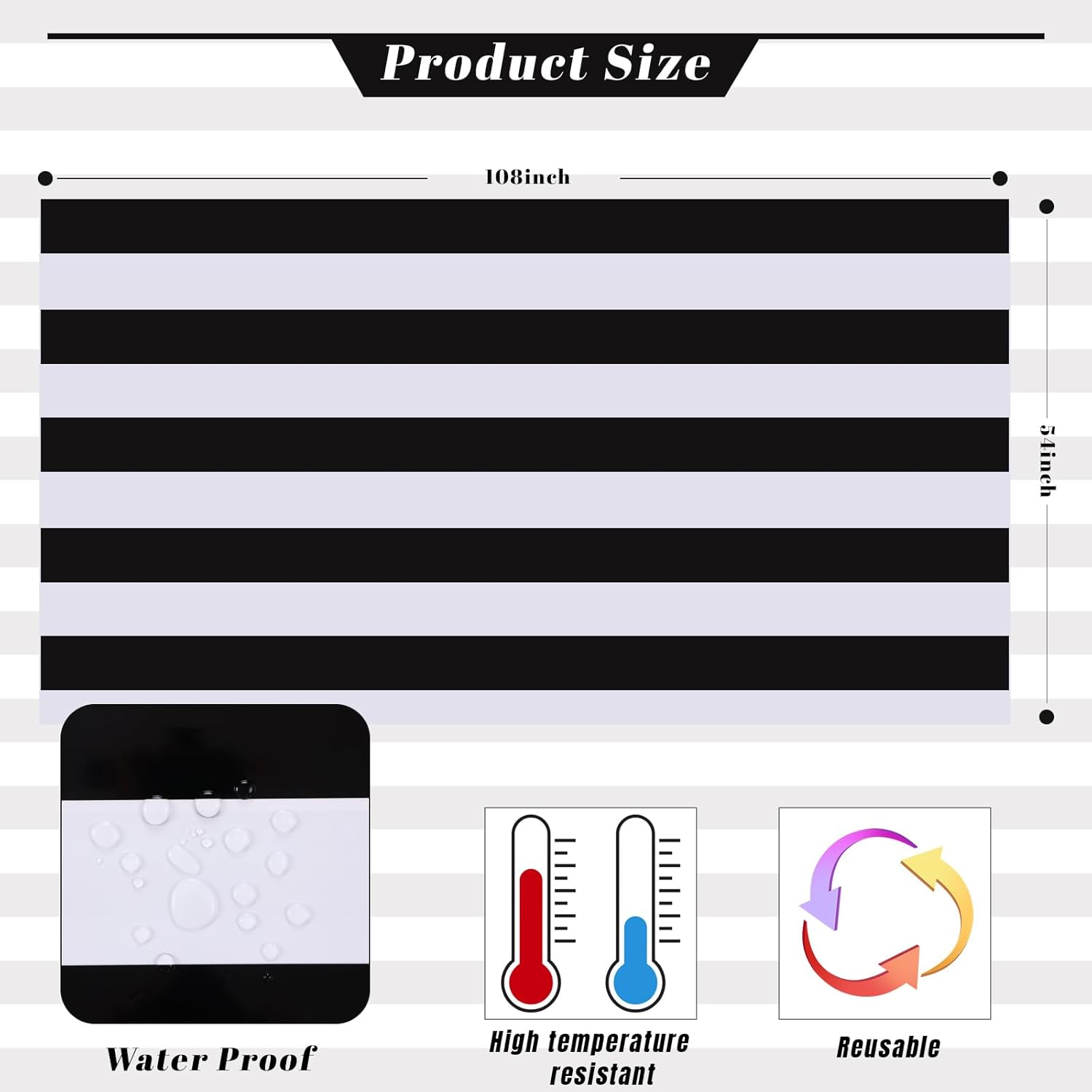 Kesfey 3 Pack Black White Vertical Striped Tablecloth 54x108 Inch Waterproof