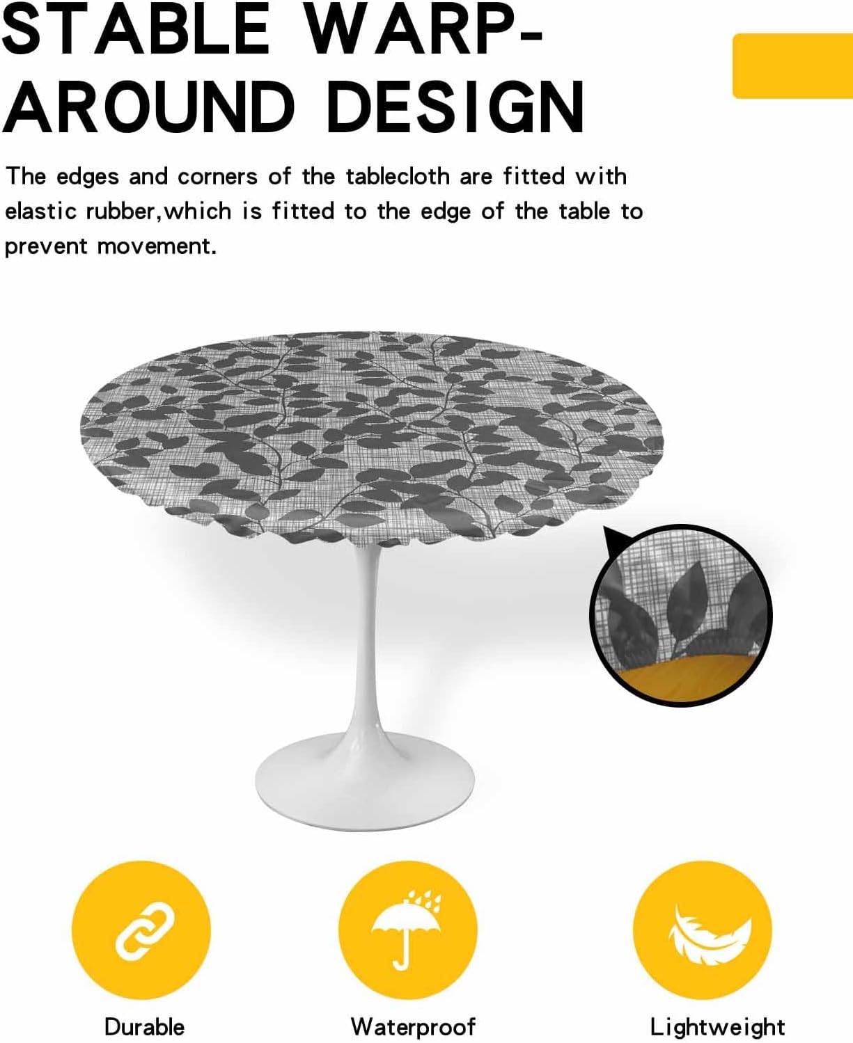 ZOE GARDEN Gray Leaves Round Waterproof Table Cover Fitted Tablecloth