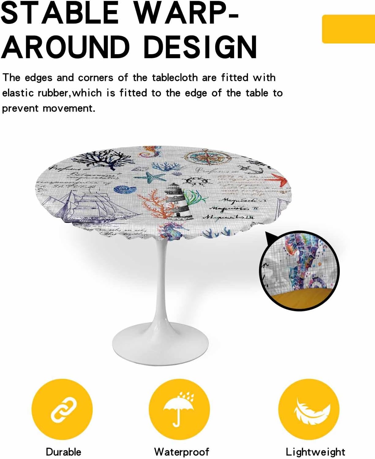 Nautical Compass Round Waterproof Table Cover with Elastic Fit