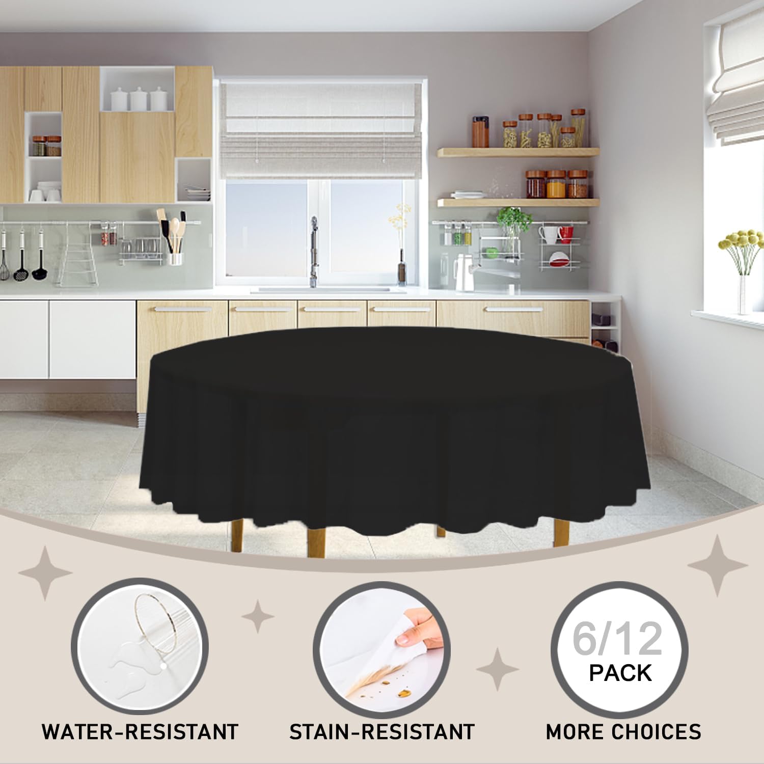 DZ 84 Inch Black Round Tablecloth 6 Pack Disposable