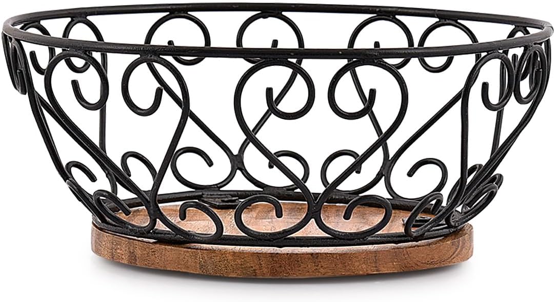 EDHAS Iron Fruit Bowl With Wooden Base 9x9x4 Inches