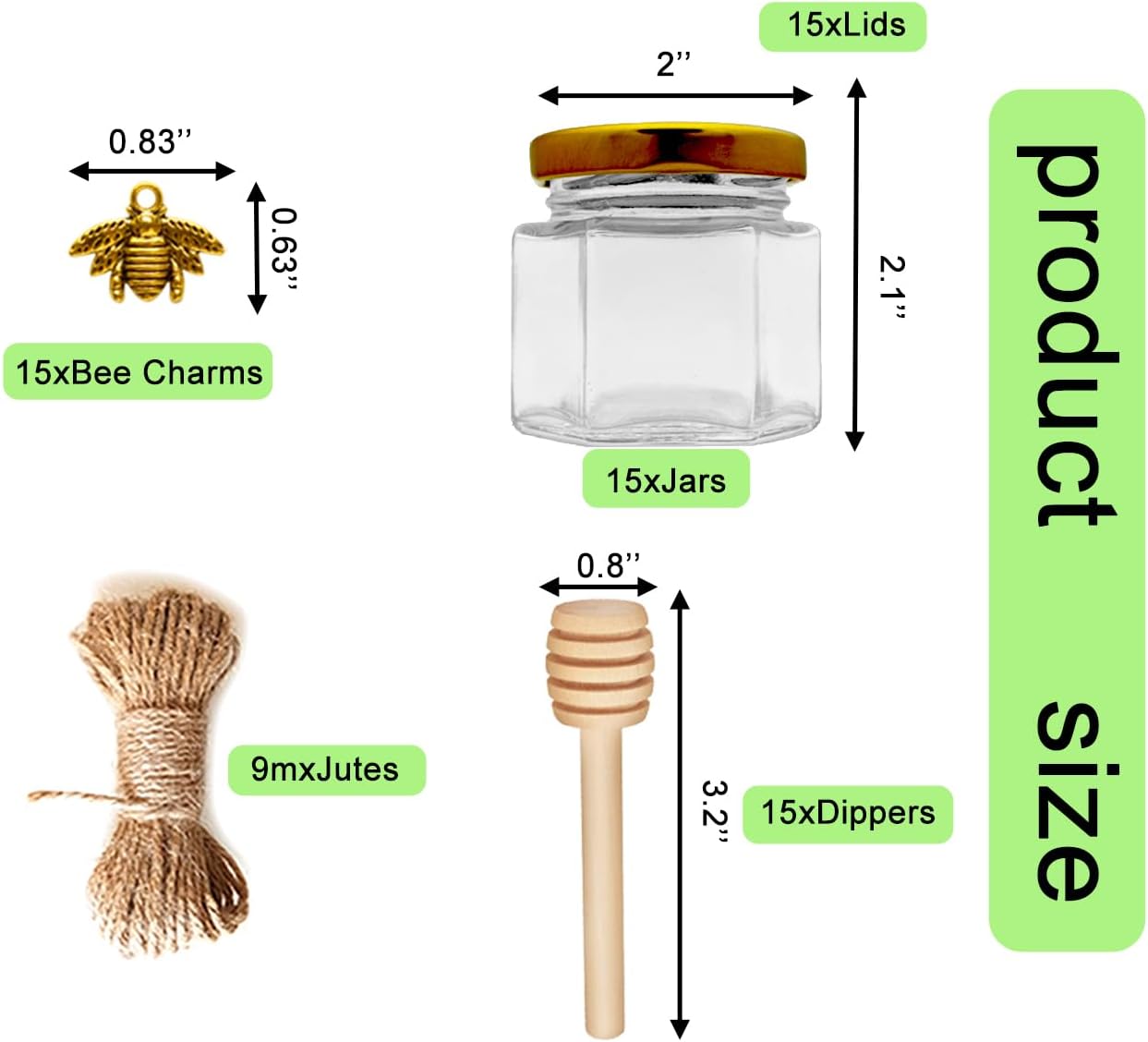 Adabocute Honey Pot 2oz Mini Glass Jars with Wood Dipper Gold Lid Bee Pendants Beige Gift Bags 15 Pack