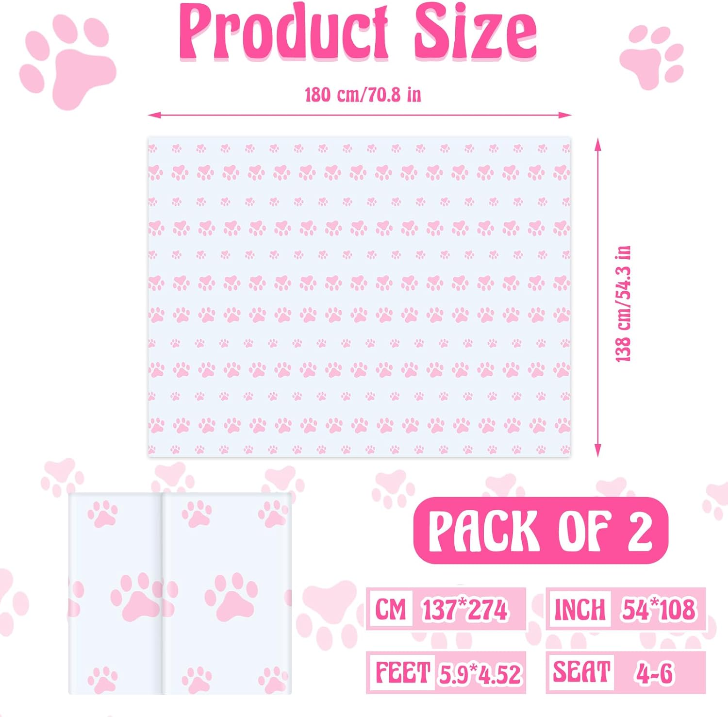 Tatuo 2 Piece Puppy Paw Print Tablecloth Set for Dog Birthday Party Decorations Pink 71 x 54 Inch