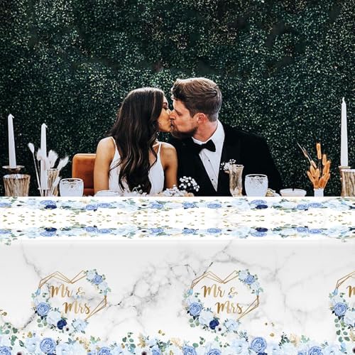MEHOFOND 3pcs Blue Mr Mrs Tablecloths Floral Wedding Party Decor 108 x 54 Inch