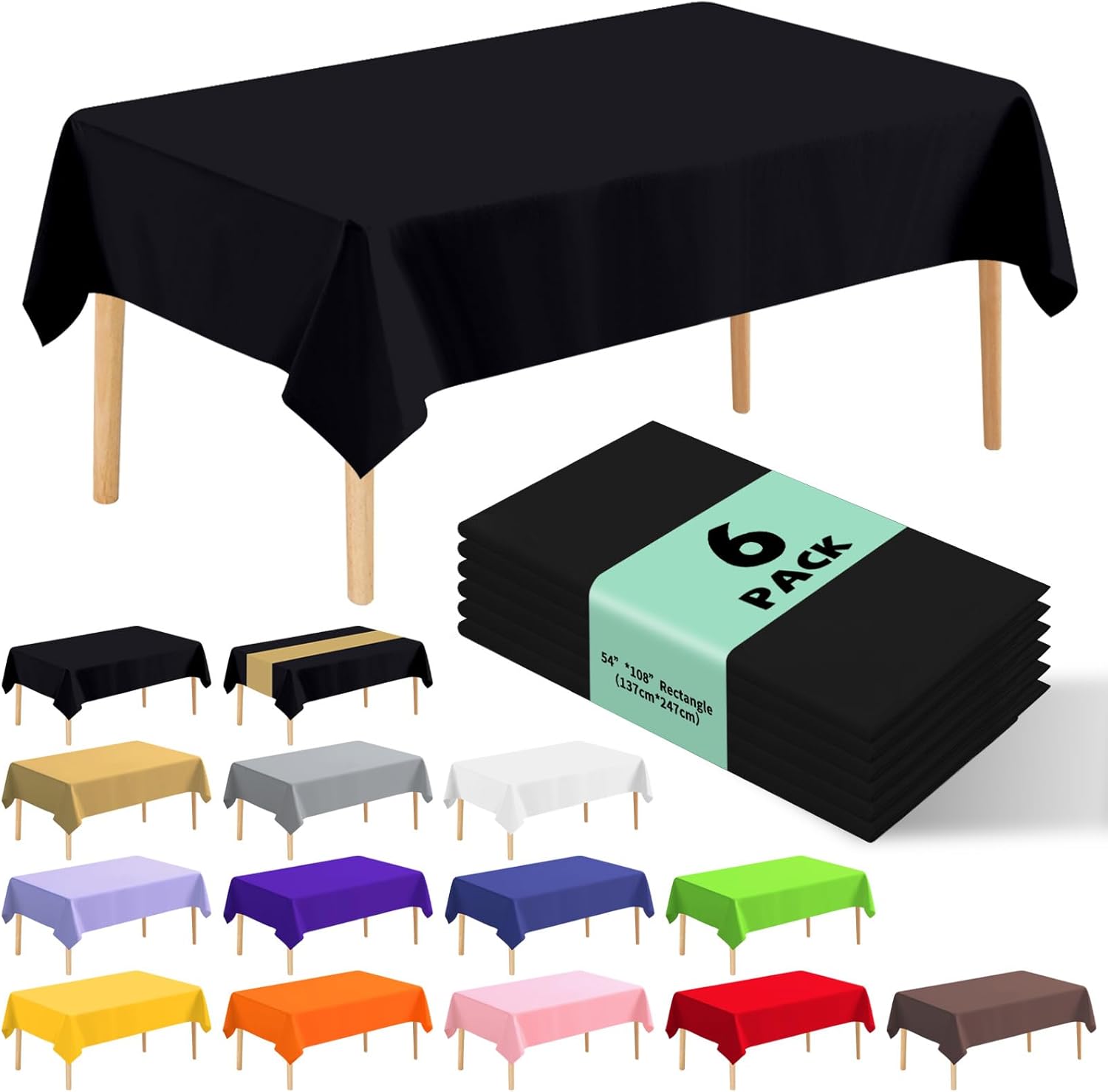 6 Pack Premium Disposable Plastic Tablecloths 54x108 Black