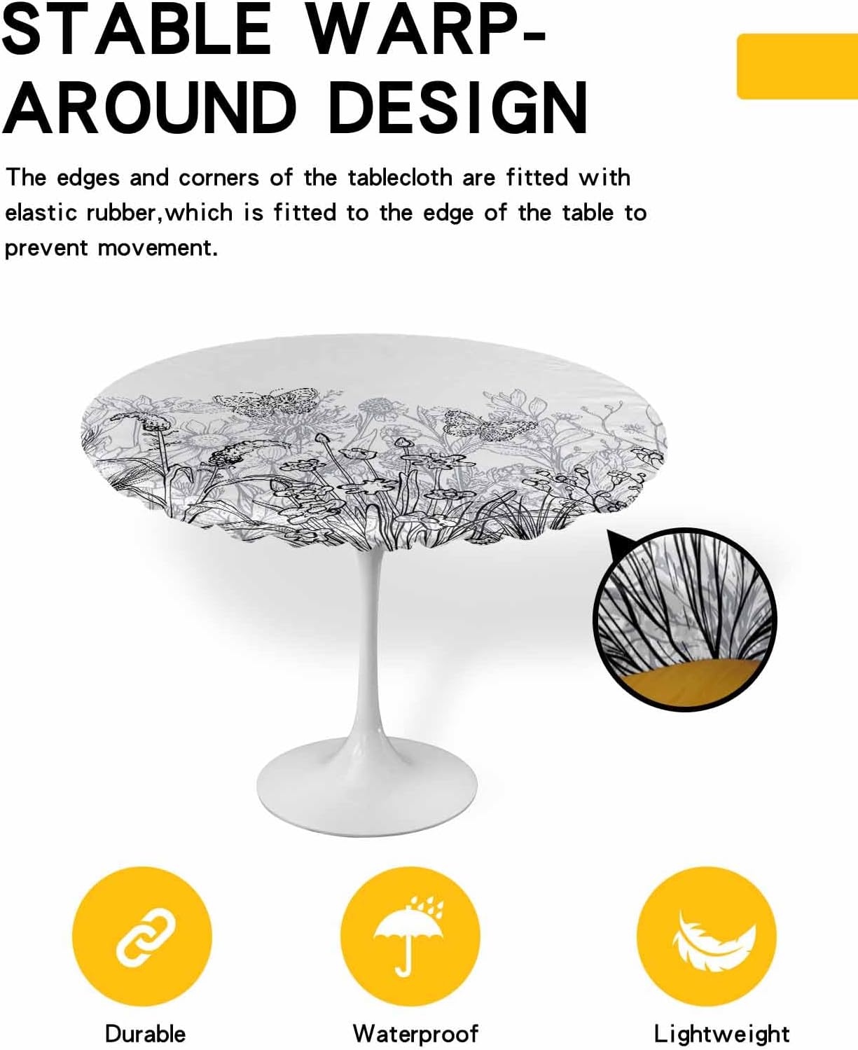 Gray White Floral Round Waterproof Table Cover 55-60 Inch Fitted Elastic Tablecloth for Indoor Outdoor Use