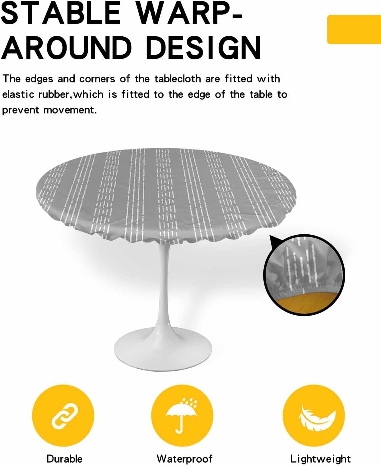 Grey Geometric Round Waterproof Table Cover 55-60 Inch Elastic Tablecloth for Indoor Outdoor Use