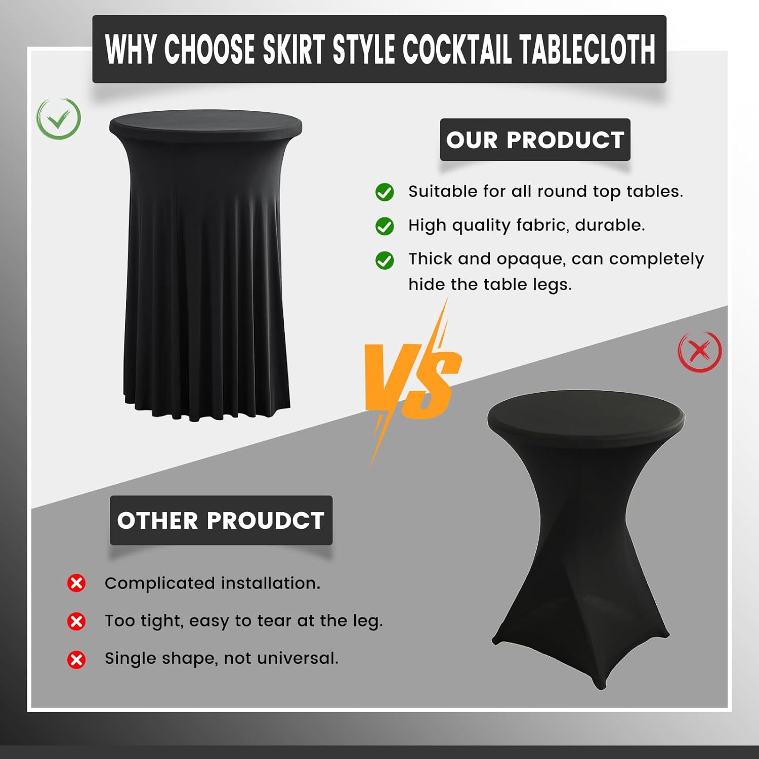 2 Pack 43x32 Inch Spandex Cocktail Tablecloths with Wavy Skirt Red Stretch Table Cover for Bar Wedding Party