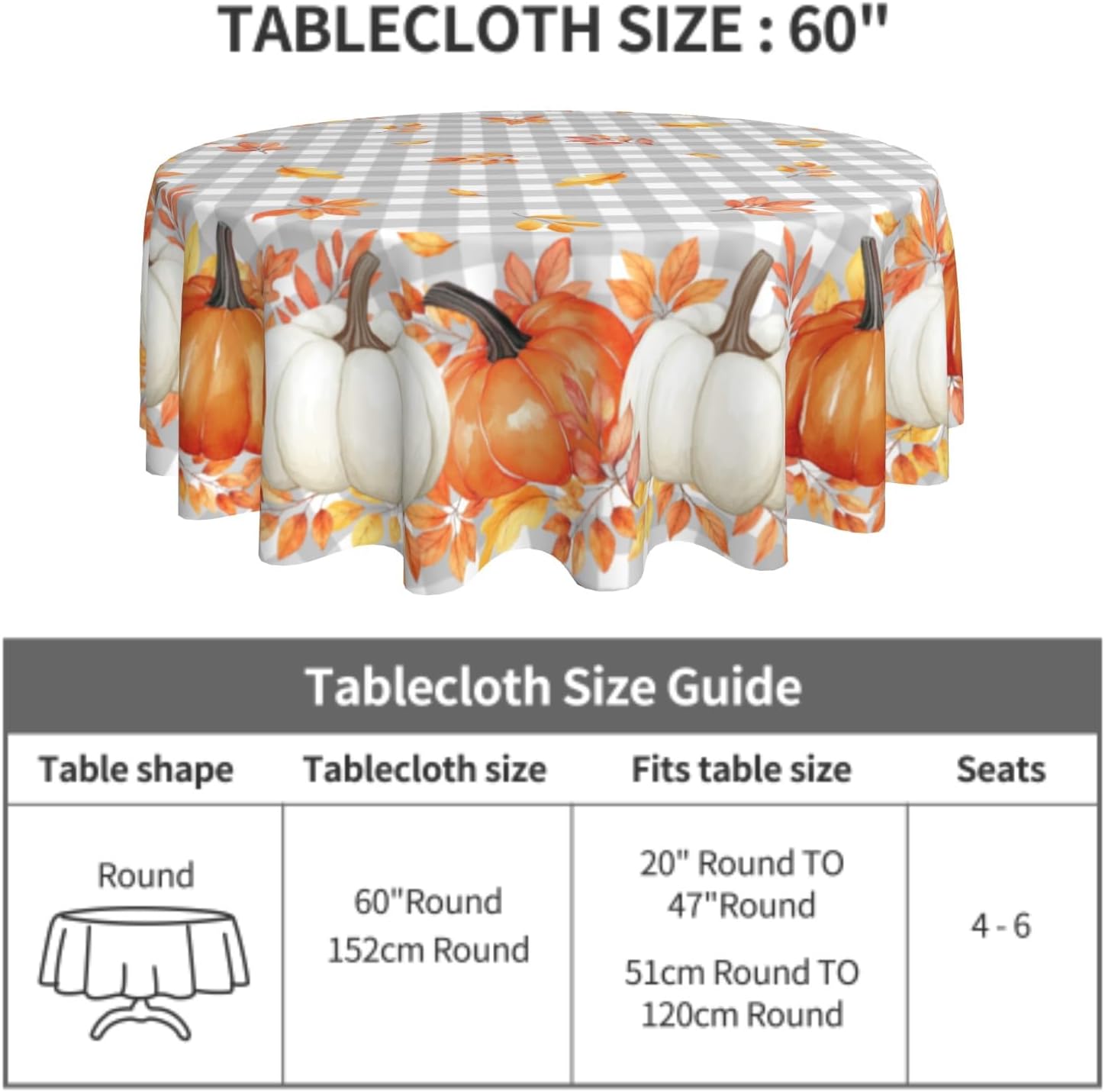 Fall Tablecloth 60 Inch Round Water-Resistant Pumpkins Festival Kitchen Cover