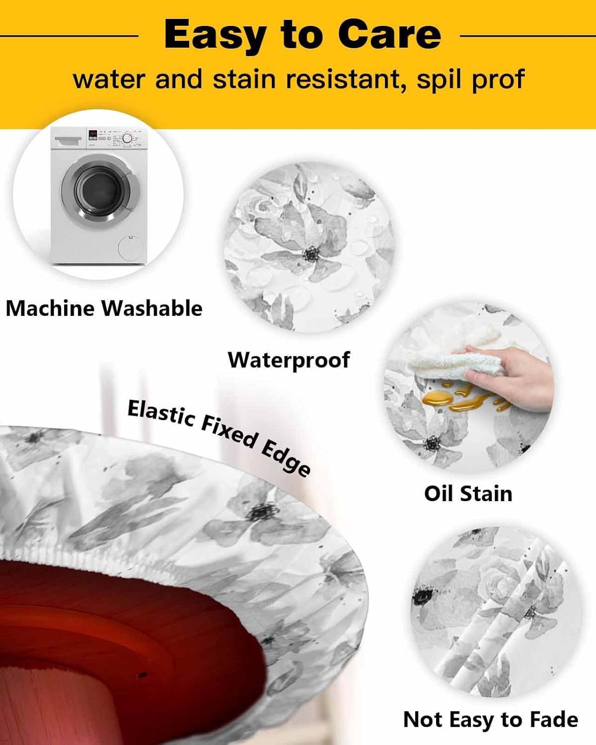 Vintage Gray Flower Round Waterproof Table Cover for Indoor Outdoor Use